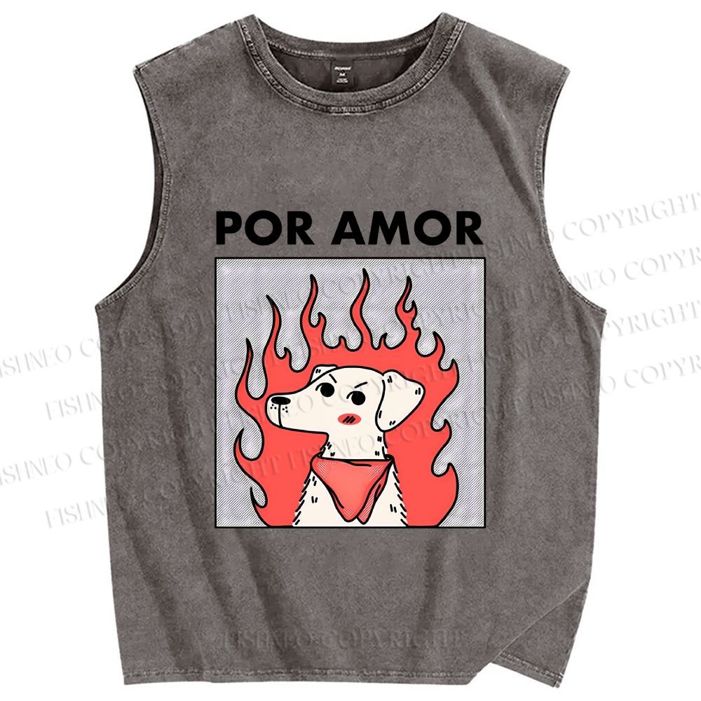 Unisex Por Amor Dog Printed Washed Tank Top