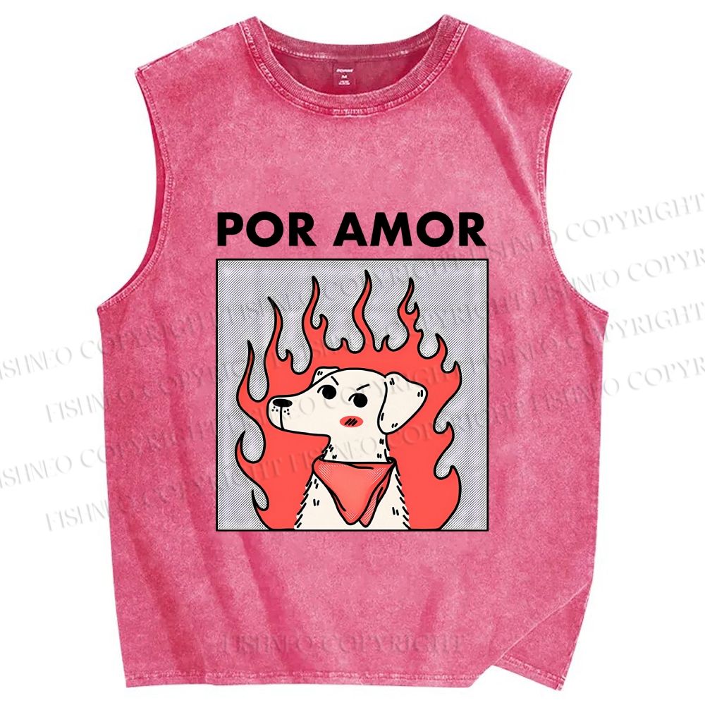 Unisex Por Amor Dog Printed Washed Tank Top