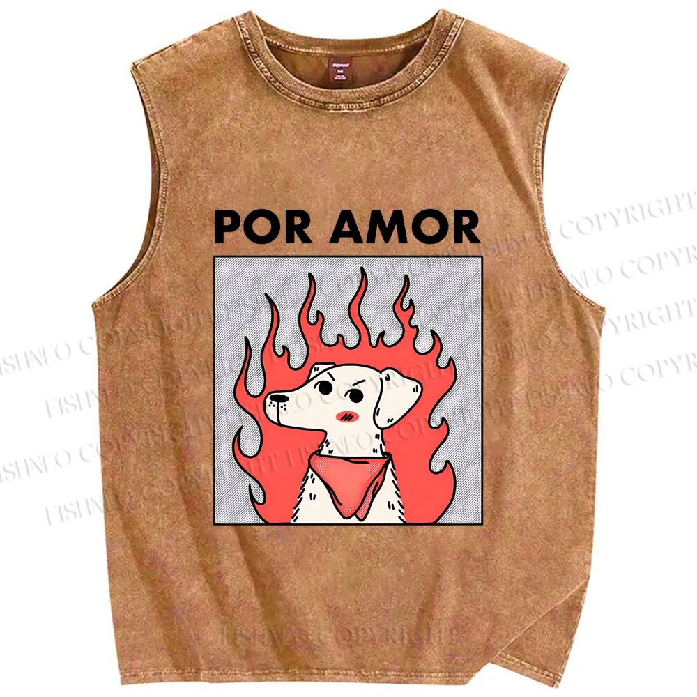 Unisex Por Amor Dog Printed Washed Tank Top