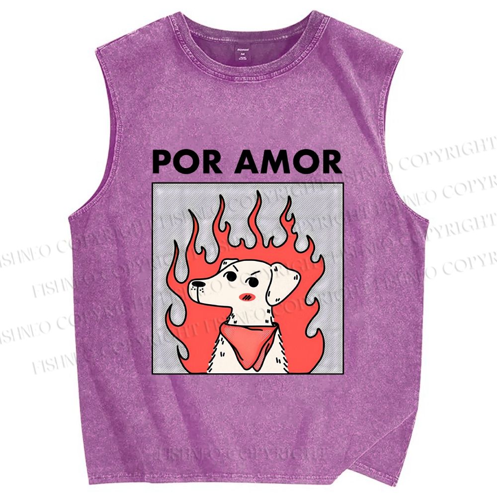 Unisex Por Amor Dog Printed Washed Tank Top