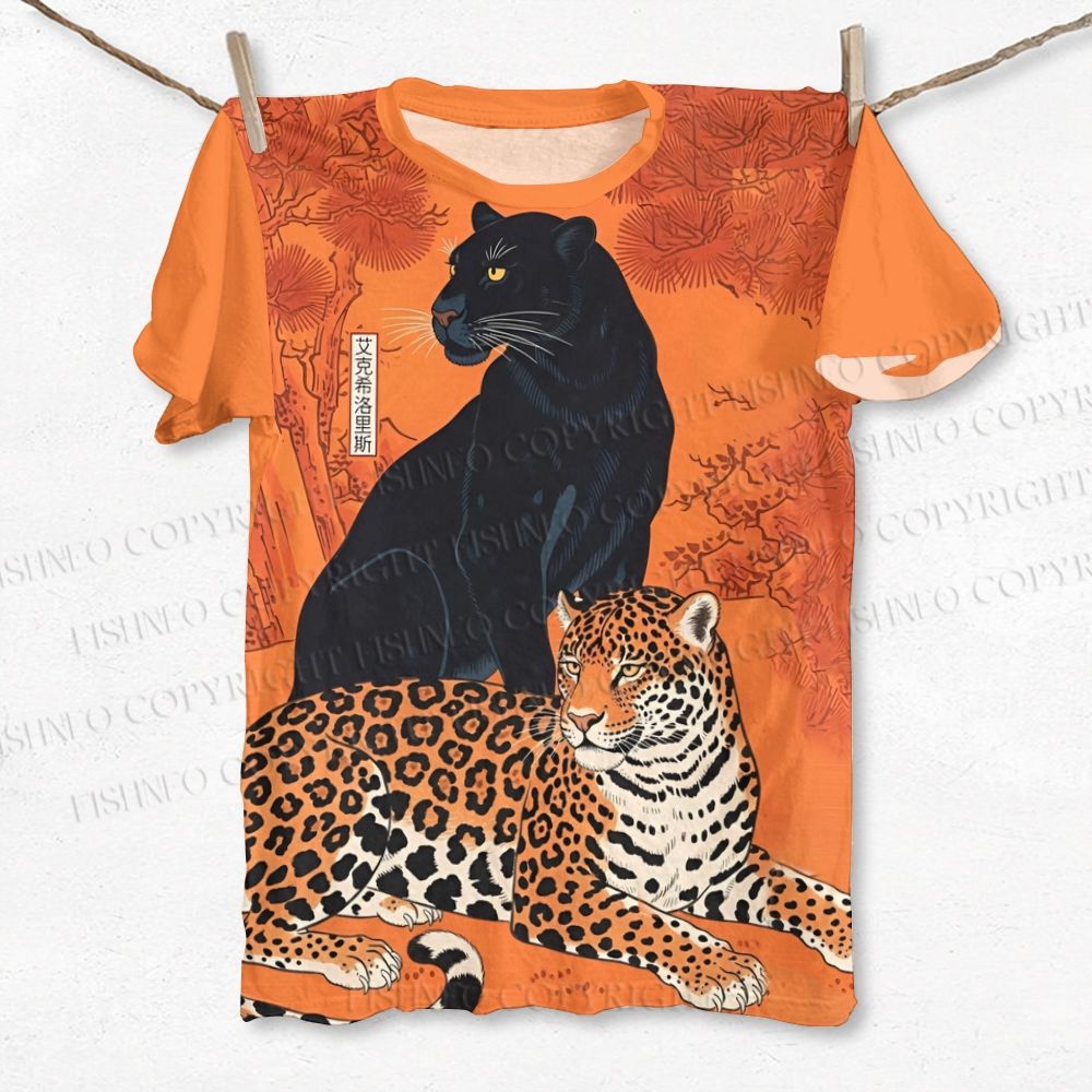 Unisex Panther And Tiger Japanese Printed Classic T-shirt