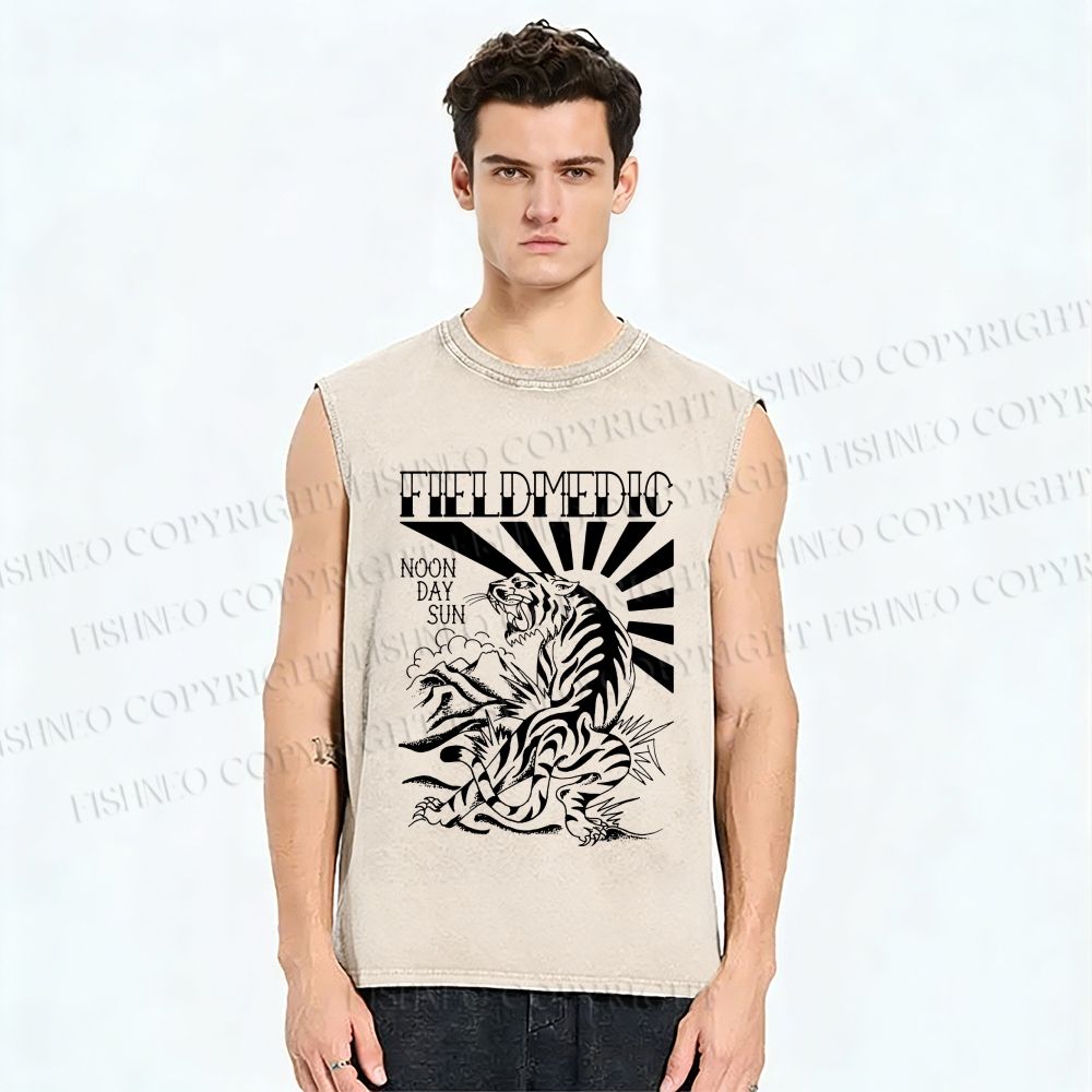 Unisex Noon Day Sun Tiger Printed Washed Tank Top