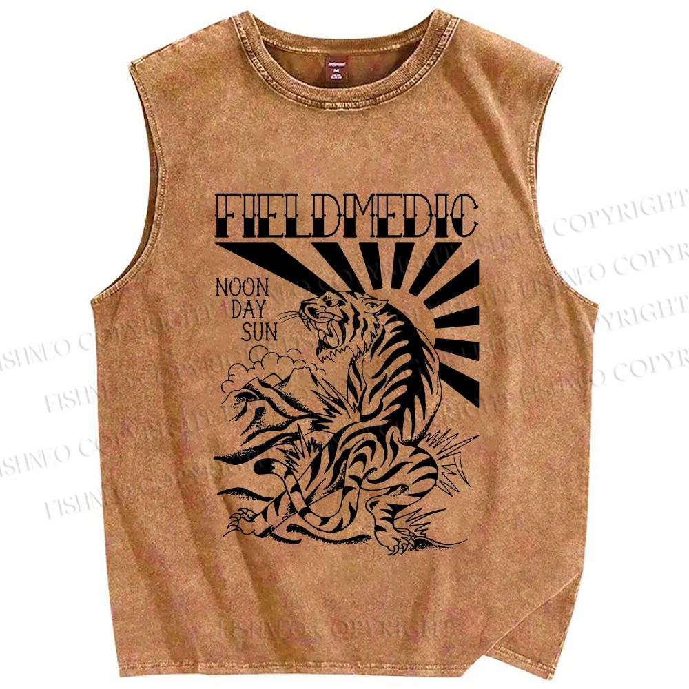 Unisex Noon Day Sun Tiger Printed Washed Tank Top