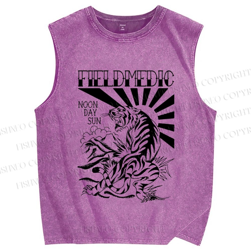 Unisex Noon Day Sun Tiger Printed Washed Tank Top