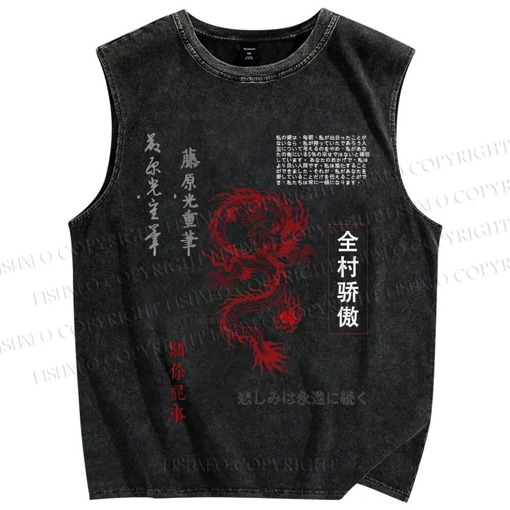 Unisex Dragon Printed Washed Tank Top