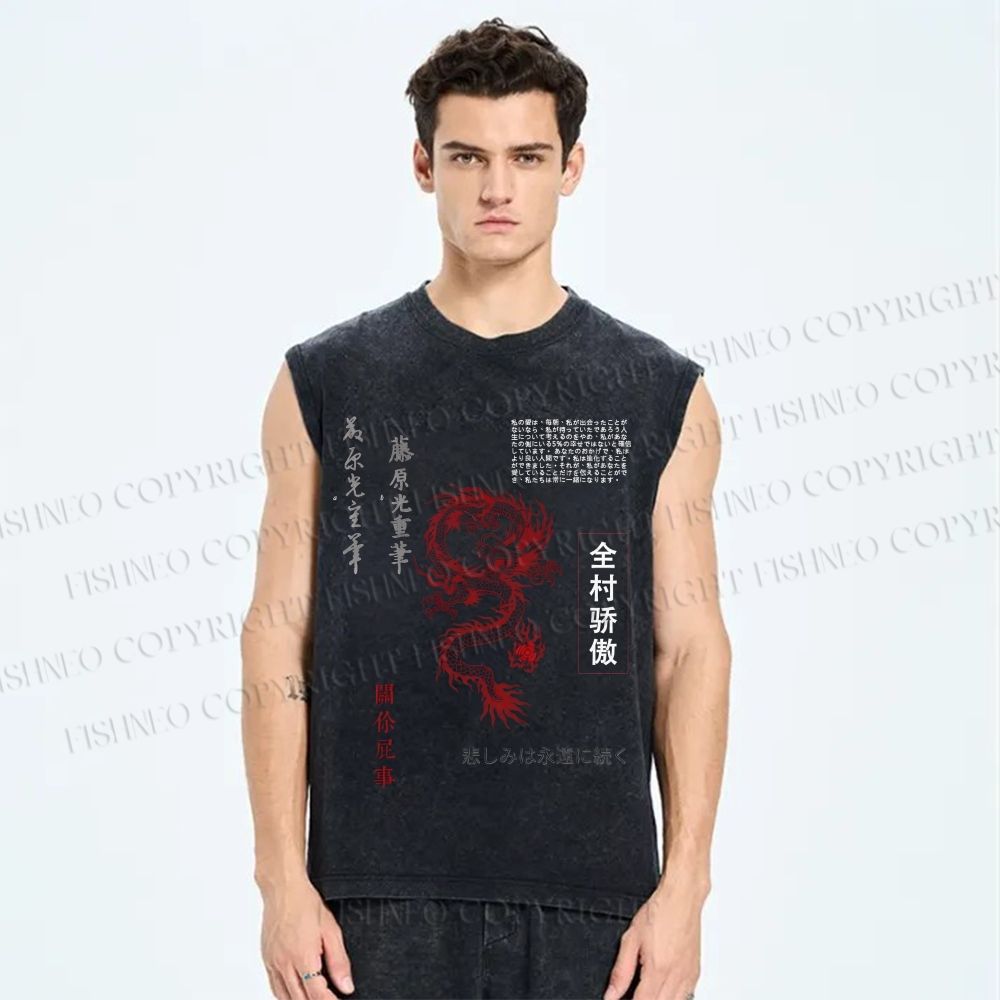 Unisex Dragon Printed Washed Tank Top