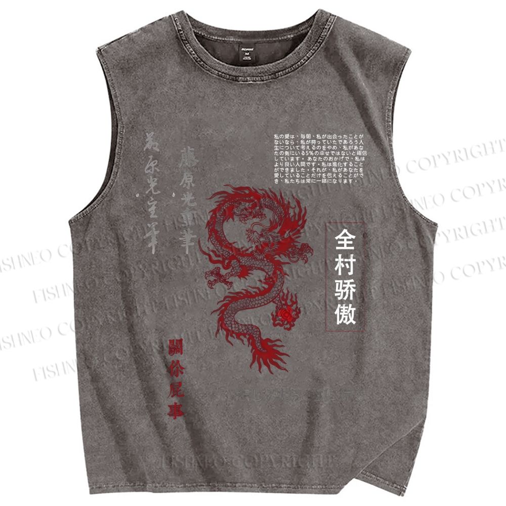 Unisex Dragon Printed Washed Tank Top