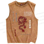 Unisex Dragon Printed Washed Tank Top