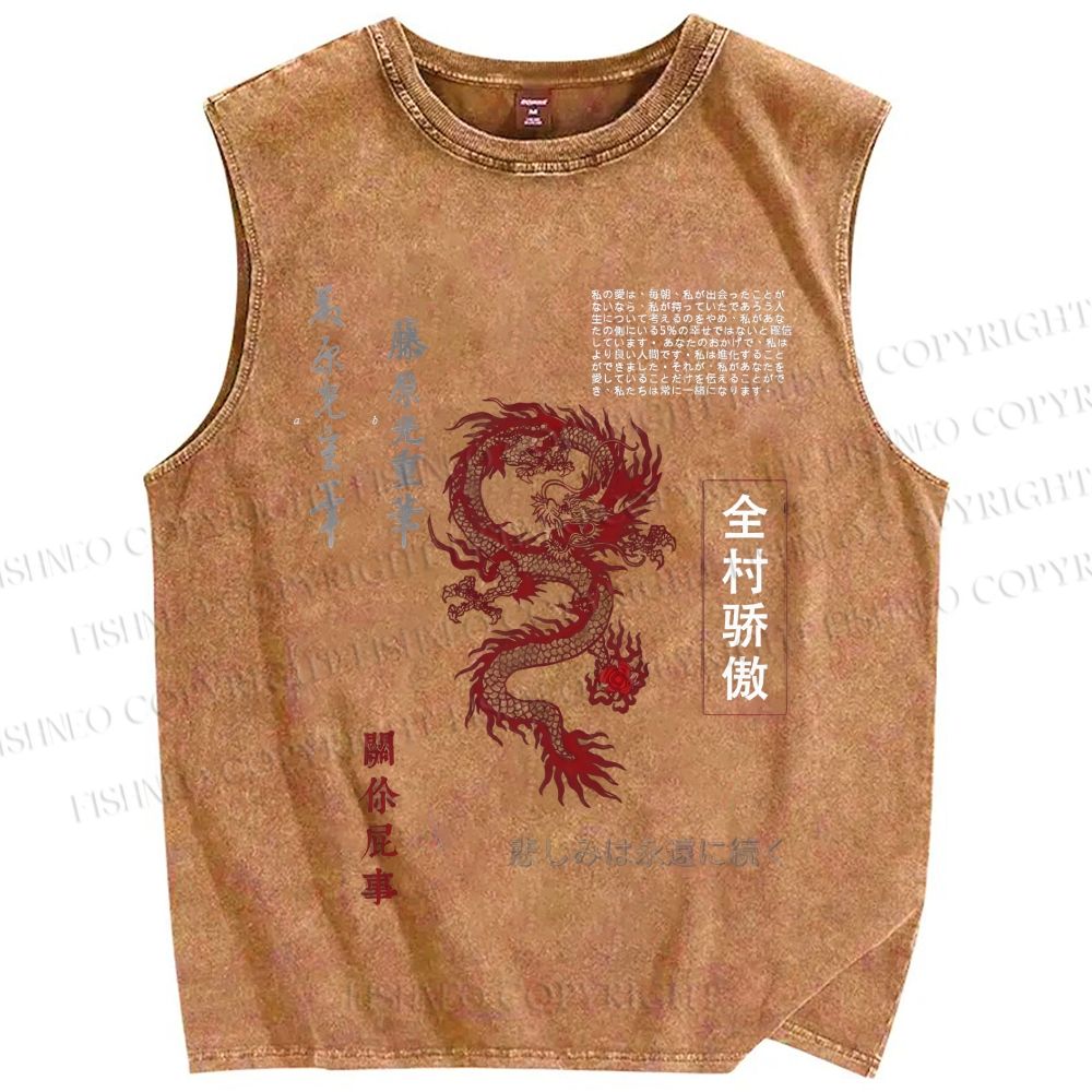 Unisex Dragon Printed Washed Tank Top