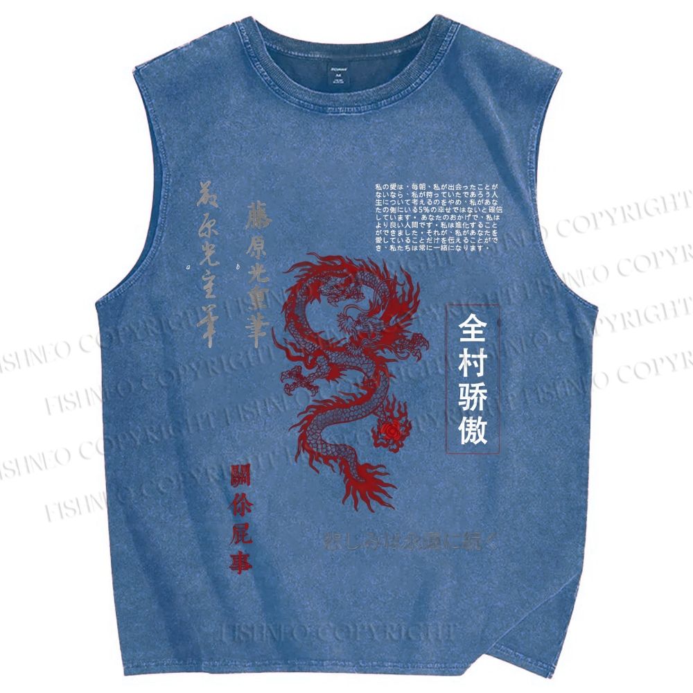 Unisex Dragon Printed Washed Tank Top