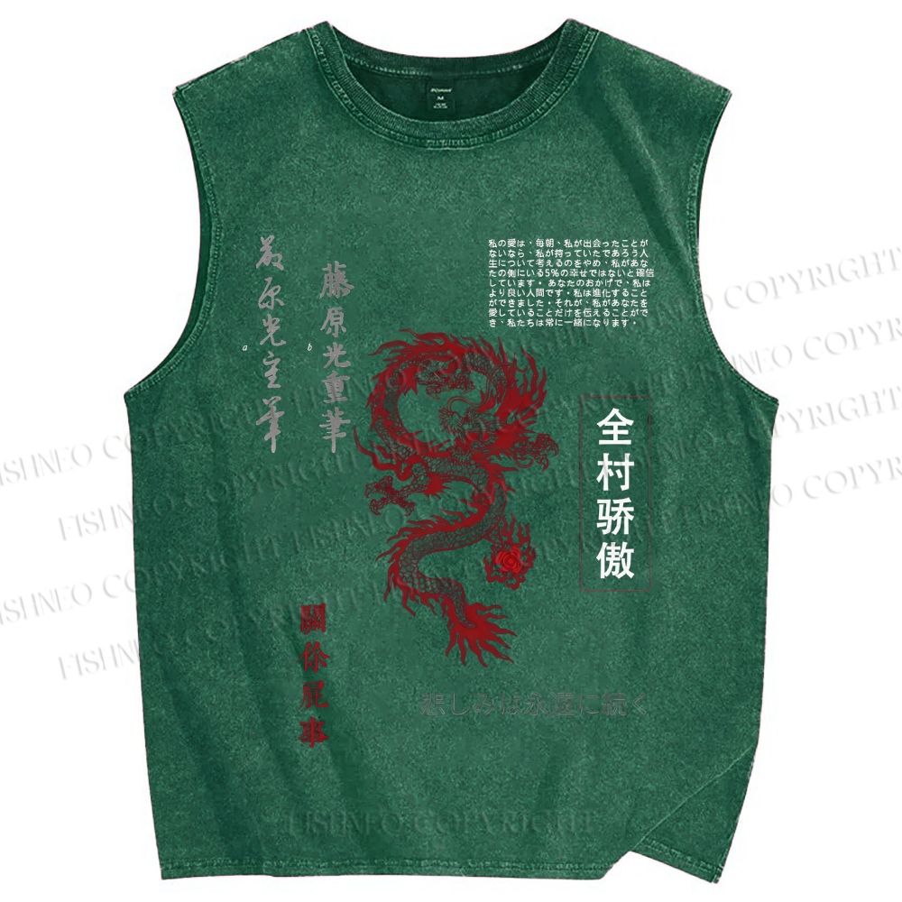 Unisex Dragon Printed Washed Tank Top