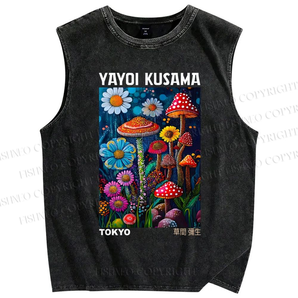 Unisex Yayoi Kusama Mushrooms Printed Washed Tank Top
