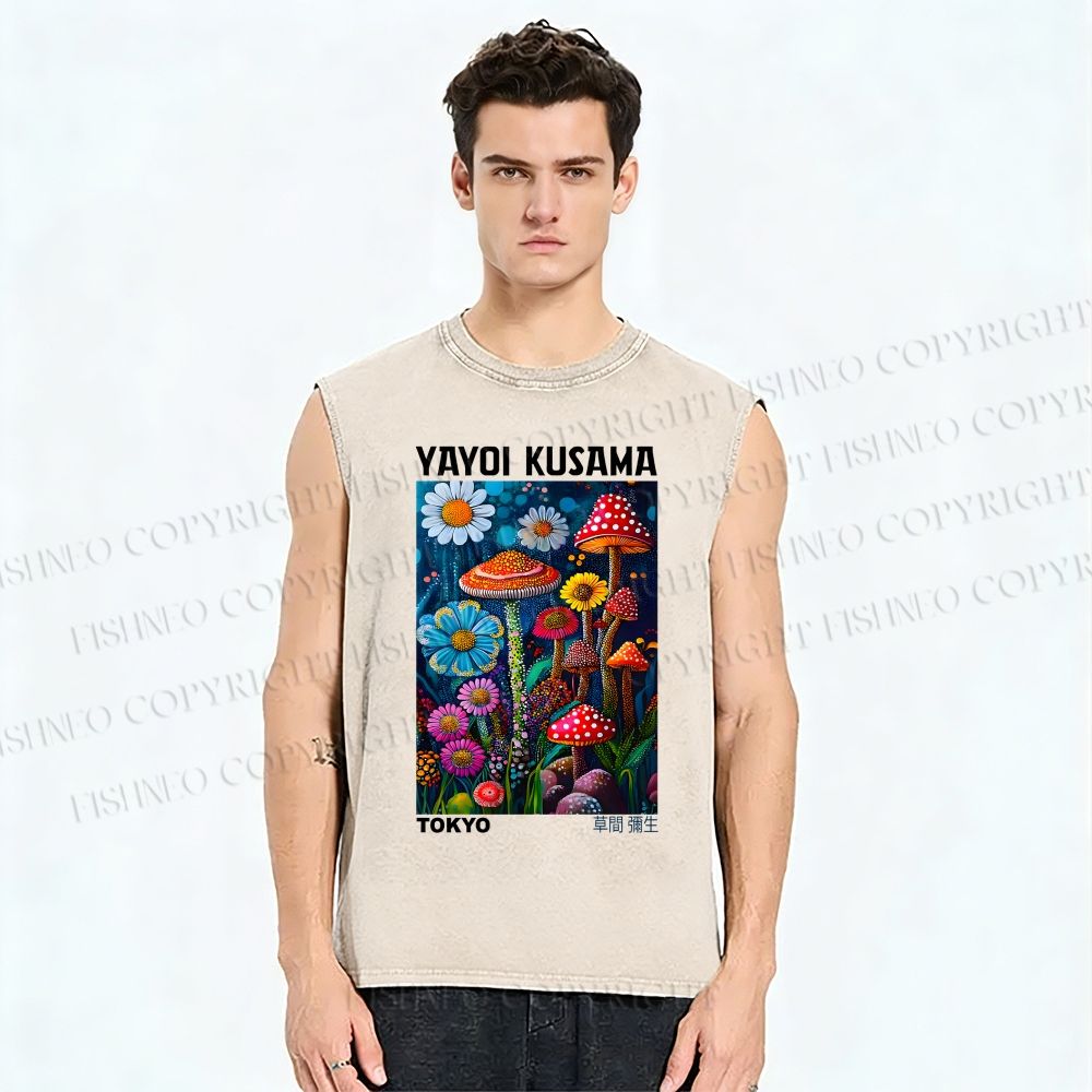 Unisex Yayoi Kusama Mushrooms Printed Washed Tank Top