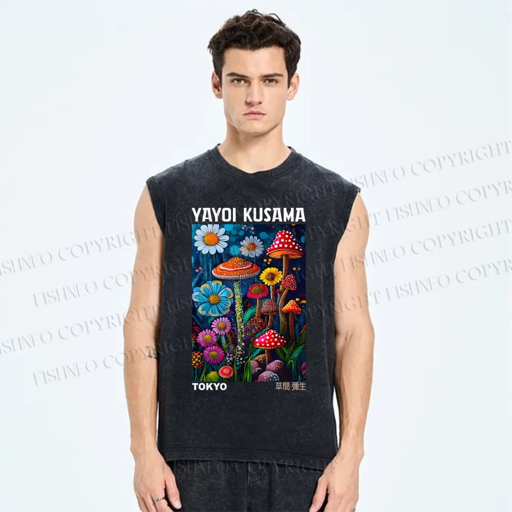 Unisex Yayoi Kusama Mushrooms Printed Washed Tank Top