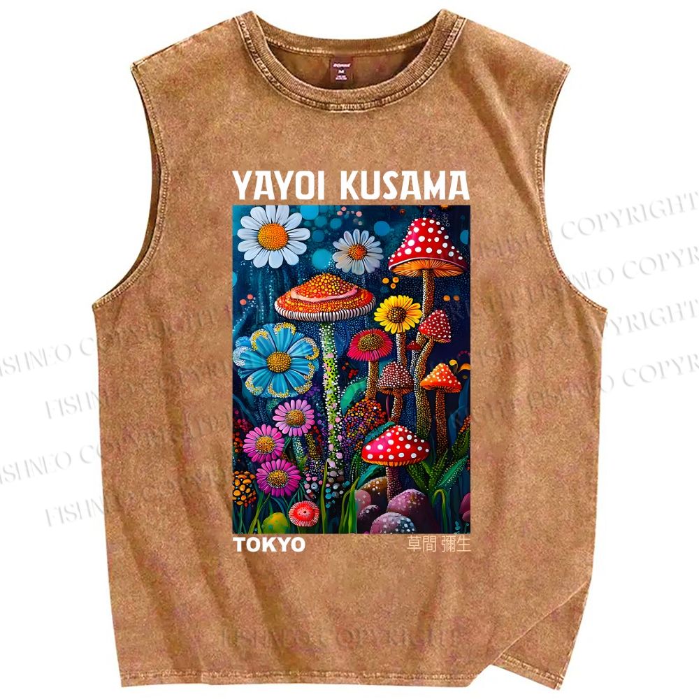 Unisex Yayoi Kusama Mushrooms Printed Washed Tank Top