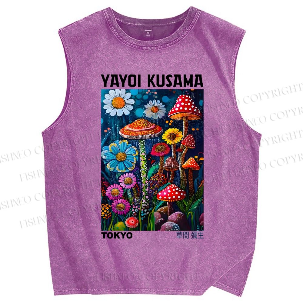 Unisex Yayoi Kusama Mushrooms Printed Washed Tank Top