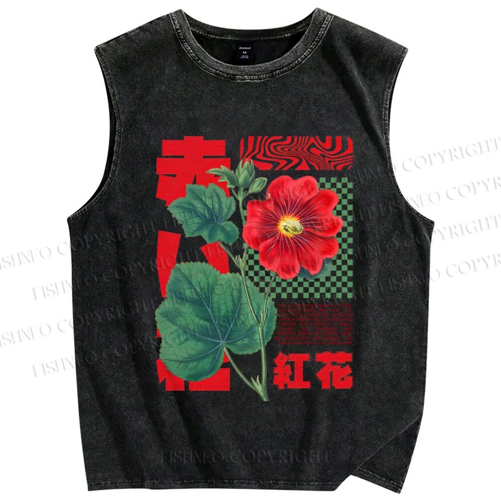 Unisex Red Flower Printed Washed Tank Top