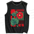 Unisex Red Flower Printed Washed Tank Top