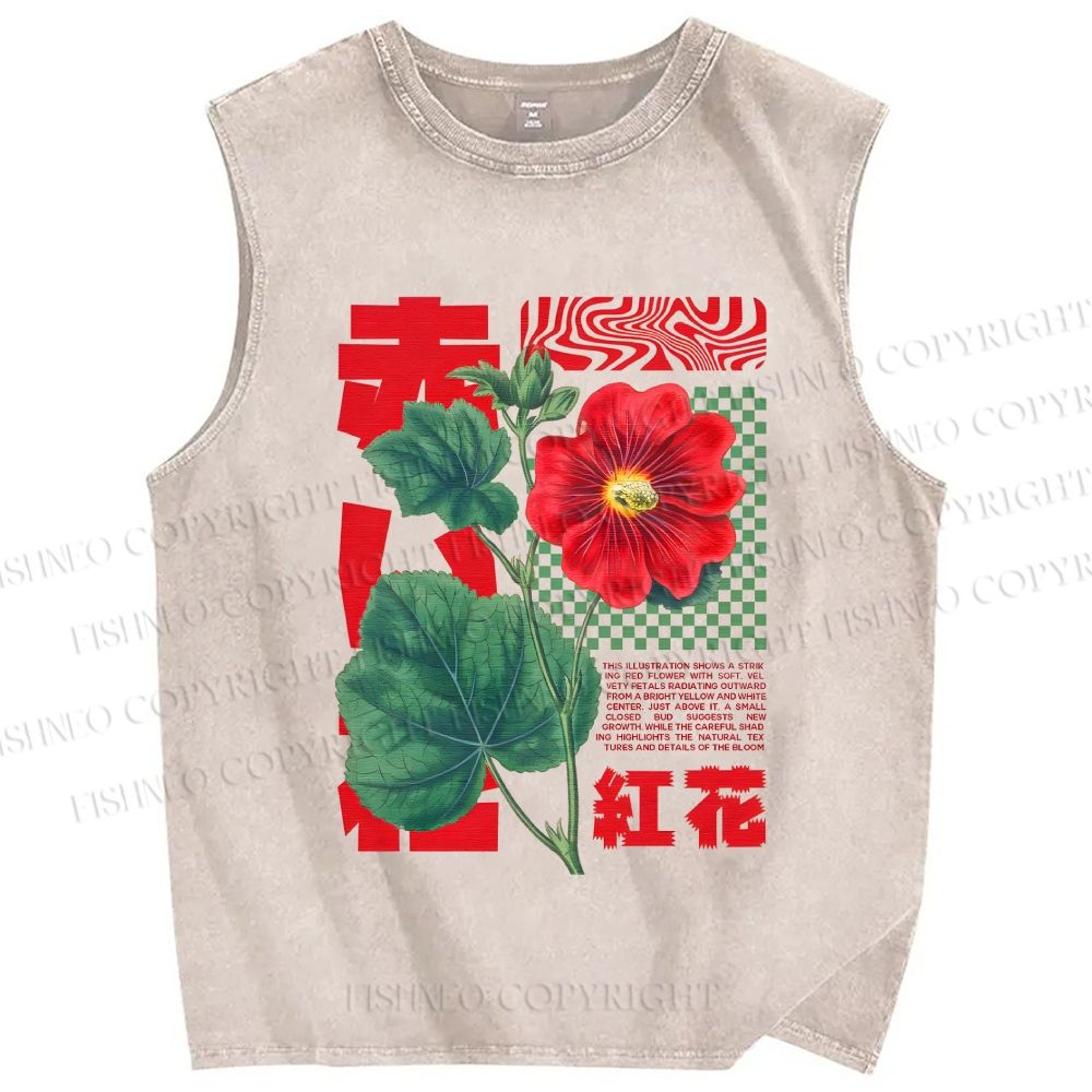 Unisex Red Flower Printed Washed Tank Top