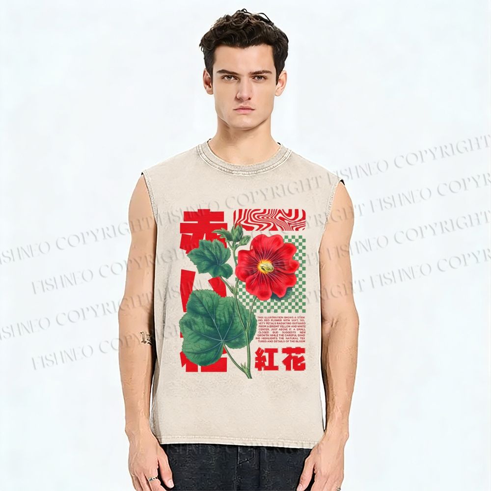 Unisex Red Flower Printed Washed Tank Top