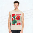 Unisex Red Flower Printed Washed Tank Top