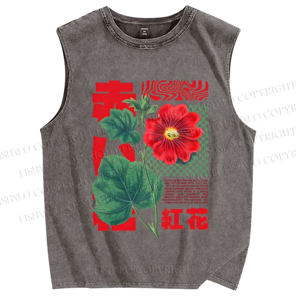 Unisex Red Flower Printed Washed Tank Top