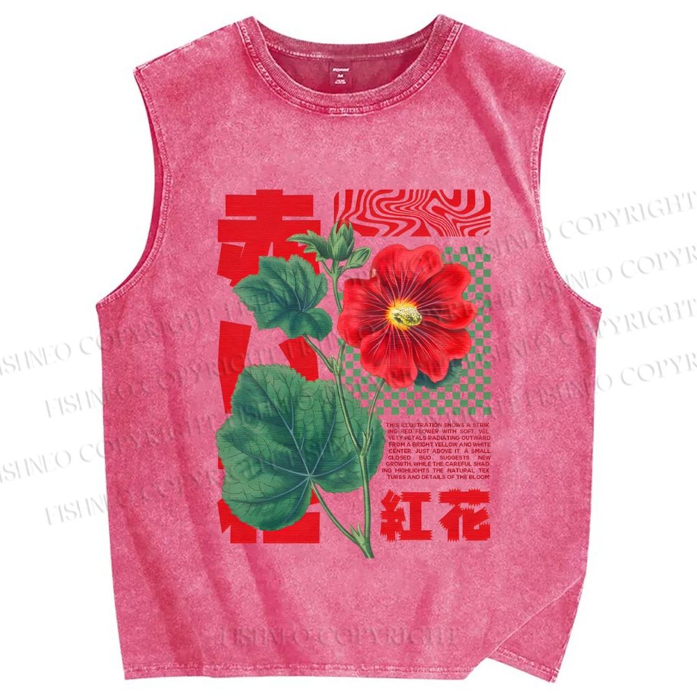 Unisex Red Flower Printed Washed Tank Top