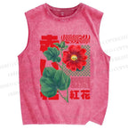 Unisex Red Flower Printed Washed Tank Top