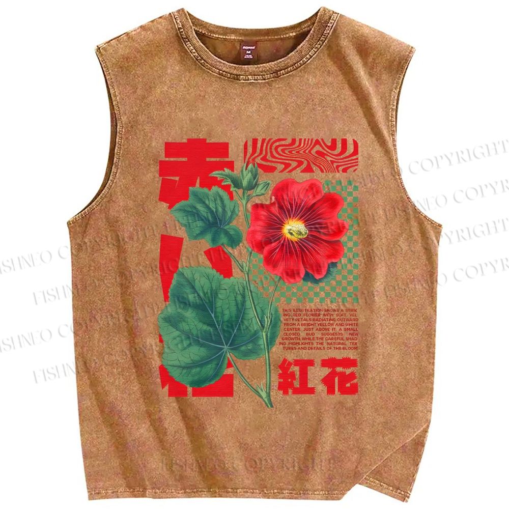 Unisex Red Flower Printed Washed Tank Top