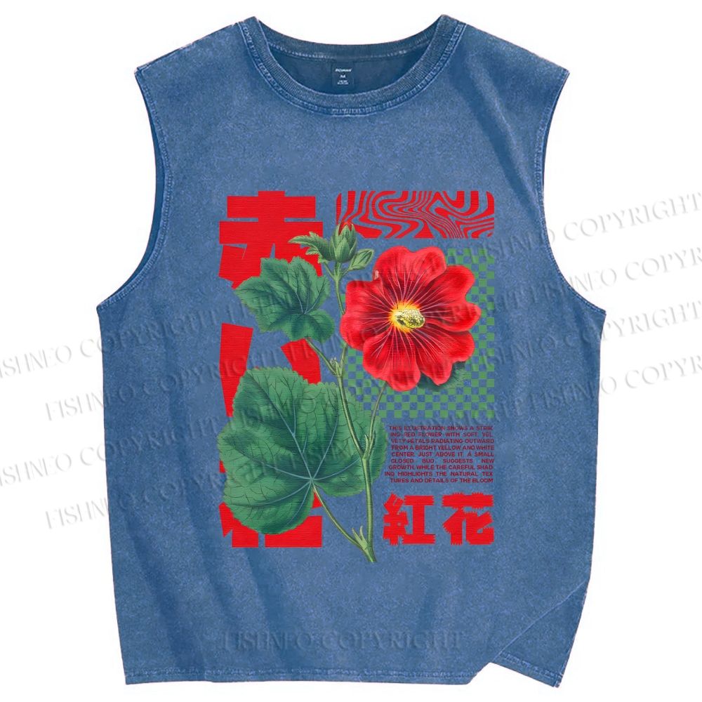 Unisex Red Flower Printed Washed Tank Top