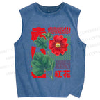 Unisex Red Flower Printed Washed Tank Top