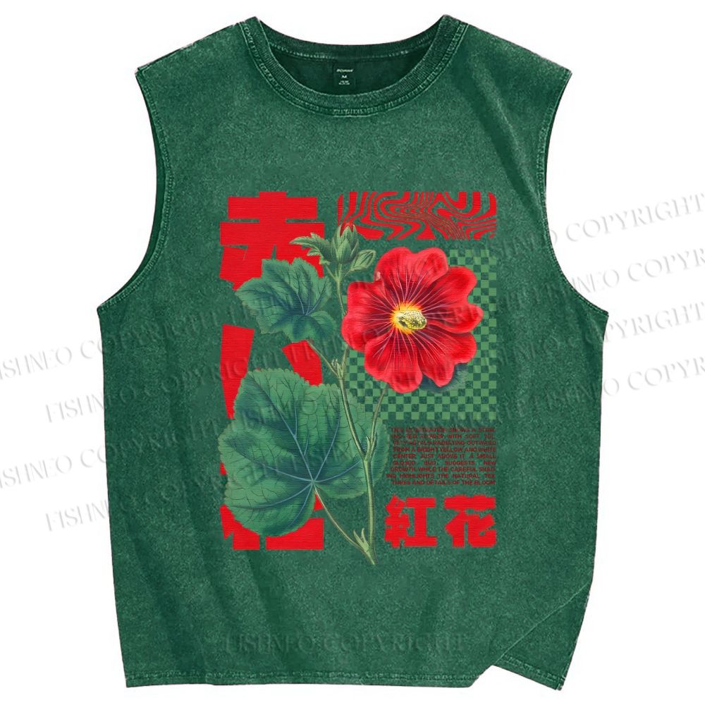 Unisex Red Flower Printed Washed Tank Top