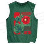 Unisex Red Flower Printed Washed Tank Top
