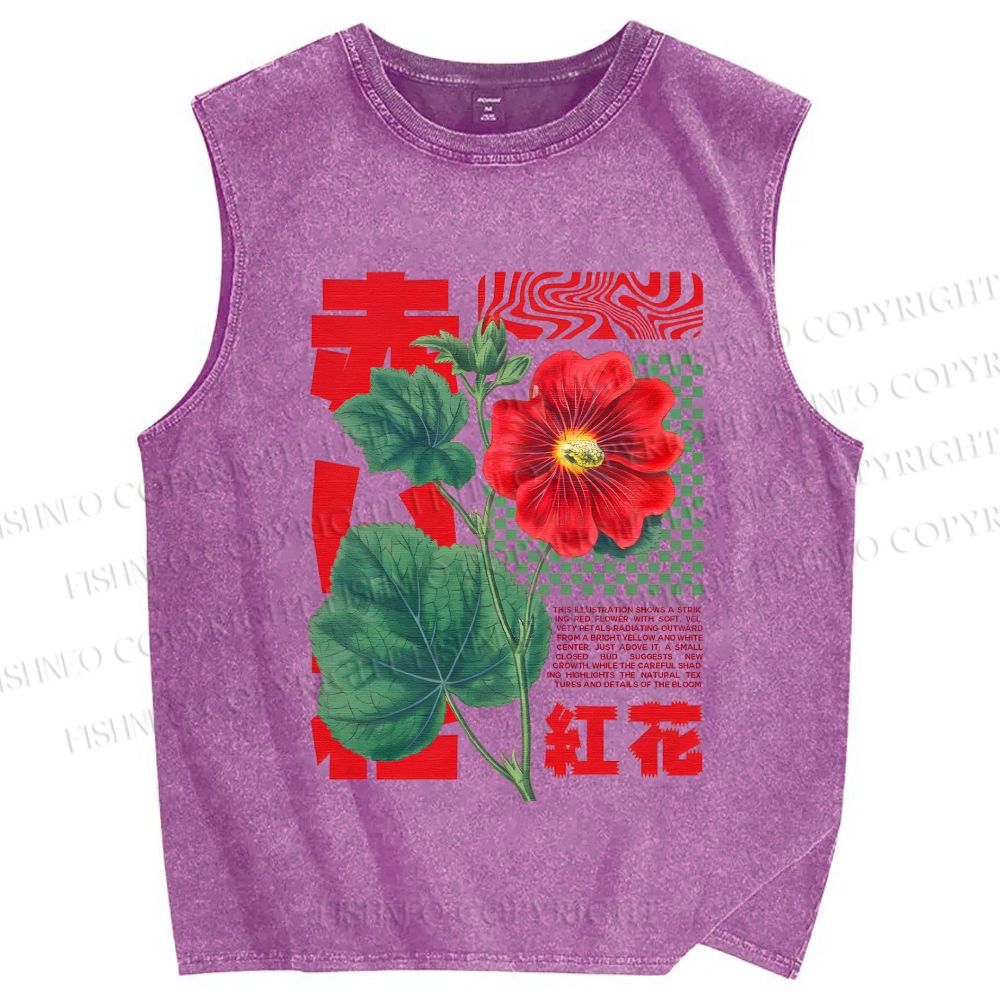 Unisex Red Flower Printed Washed Tank Top