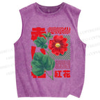 Unisex Red Flower Printed Washed Tank Top