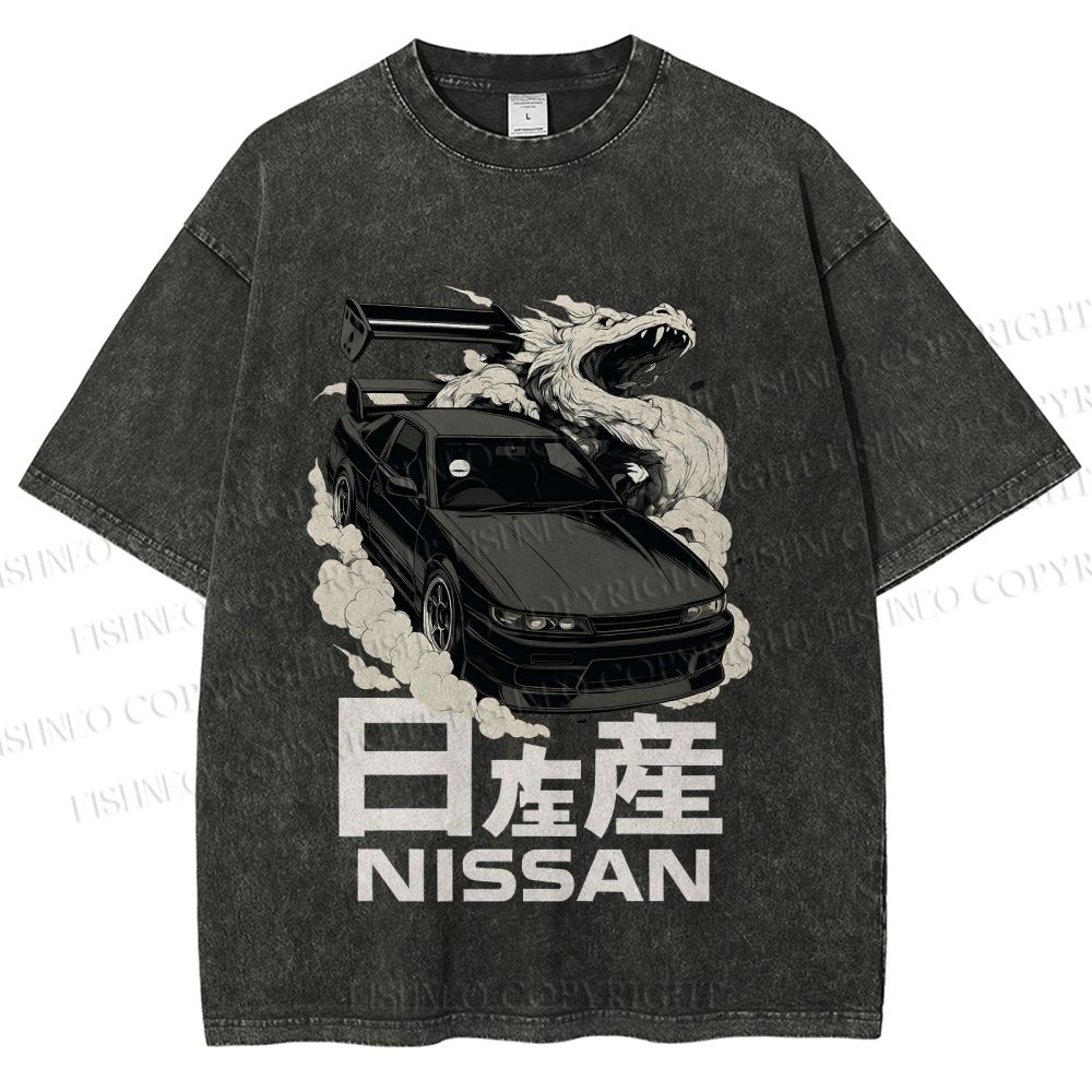 Unisex Nissan And Dragon Printed Washed Tee