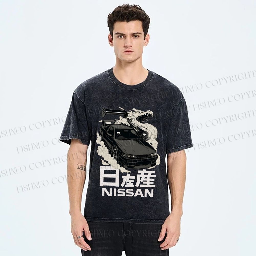 Unisex Nissan And Dragon Printed Washed Tee