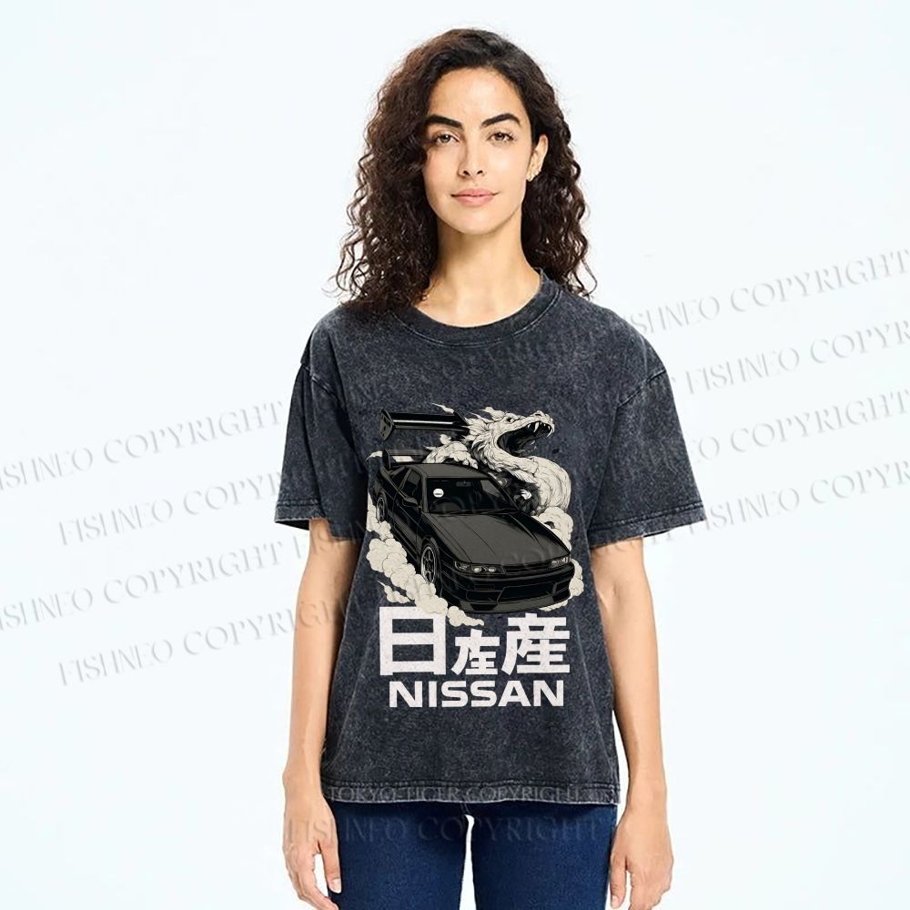 Unisex Nissan And Dragon Printed Washed Tee