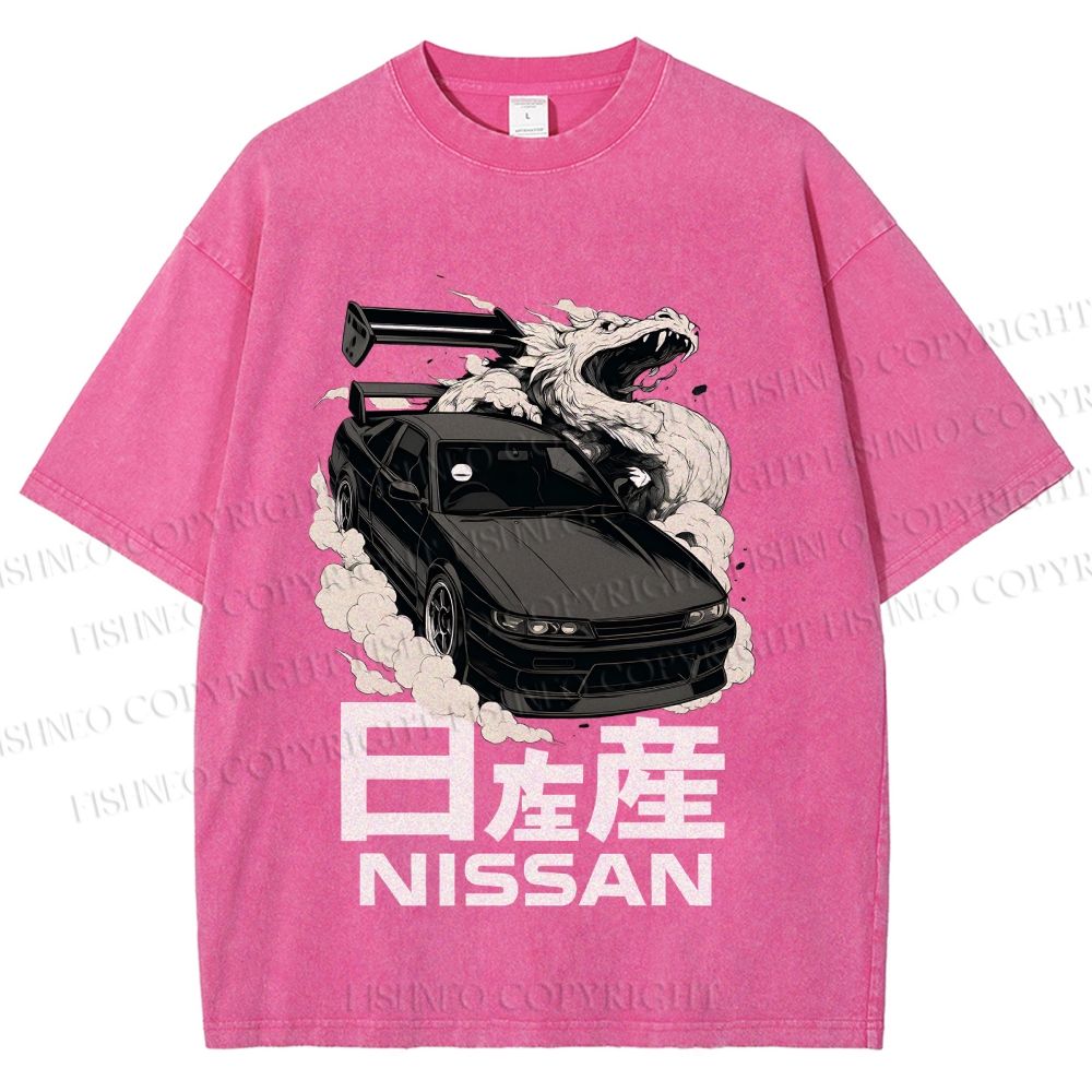 Unisex Nissan And Dragon Printed Washed Tee