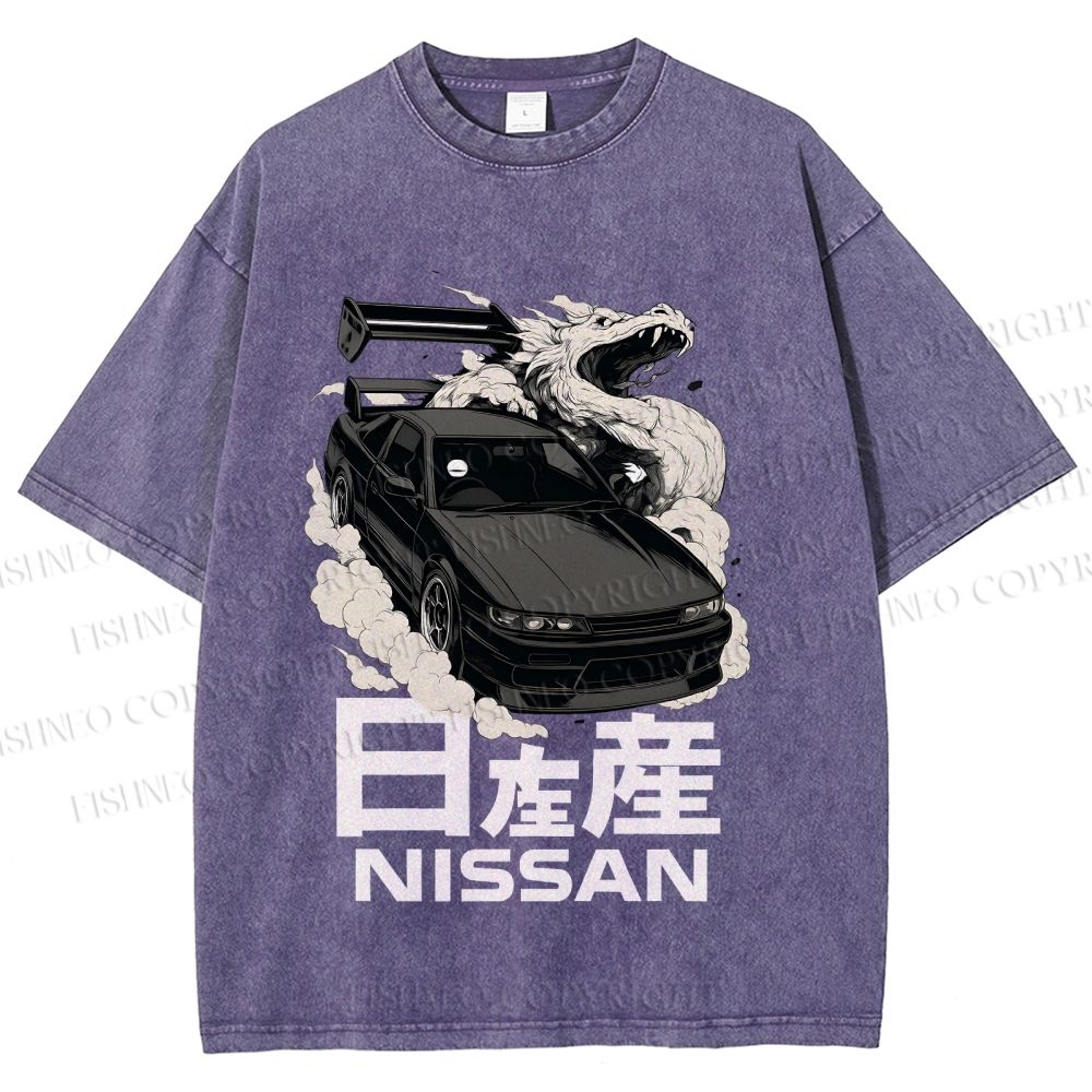 Unisex Nissan And Dragon Printed Washed Tee