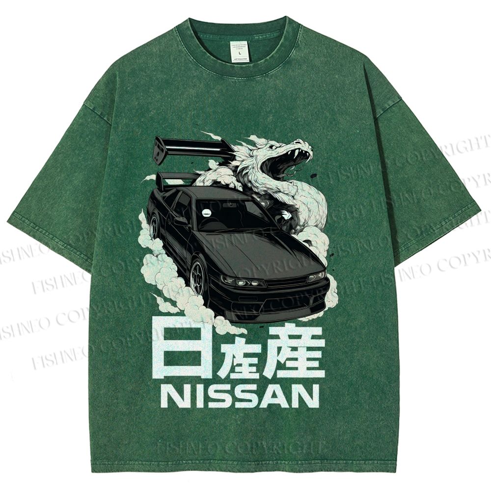Unisex Nissan And Dragon Printed Washed Tee