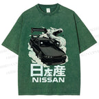 Unisex Nissan And Dragon Printed Washed Tee