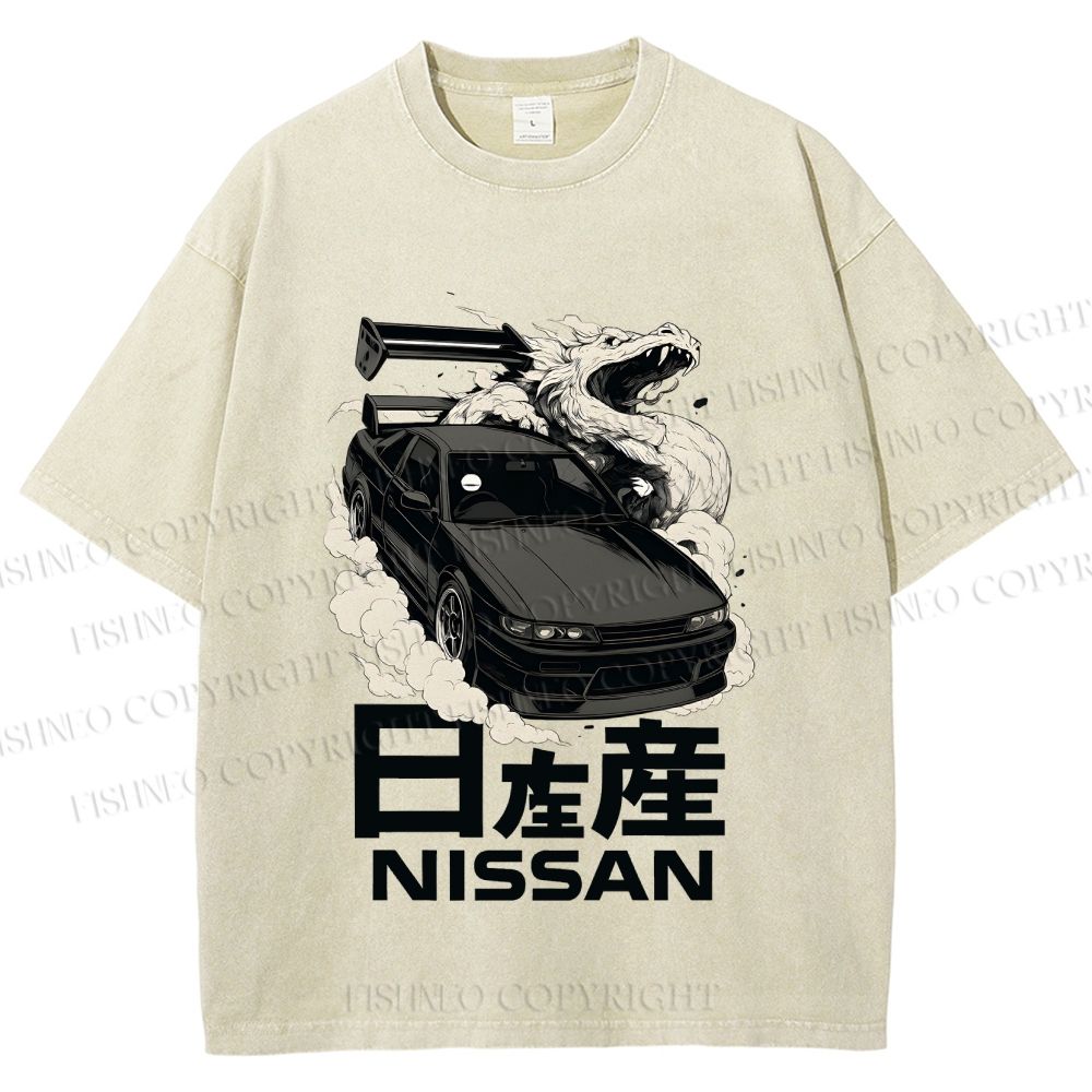 Unisex Nissan And Dragon Printed Washed Tee