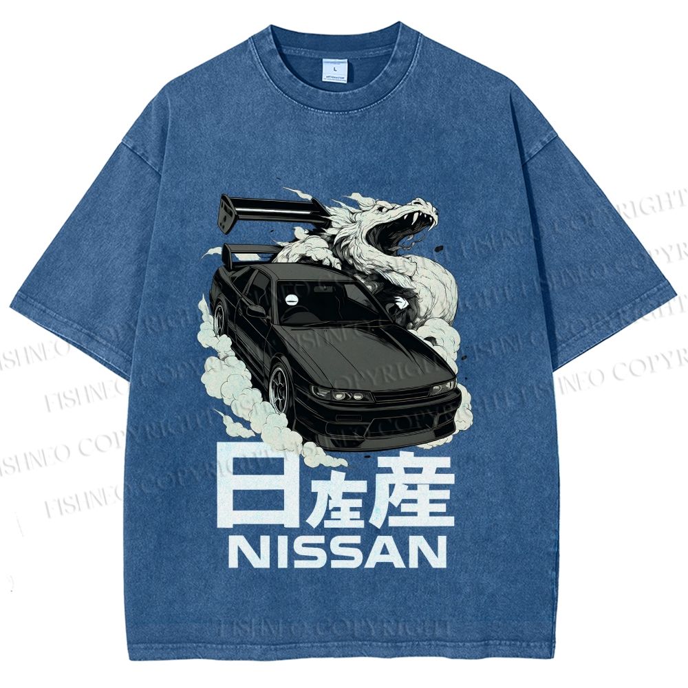 Unisex Nissan And Dragon Printed Washed Tee