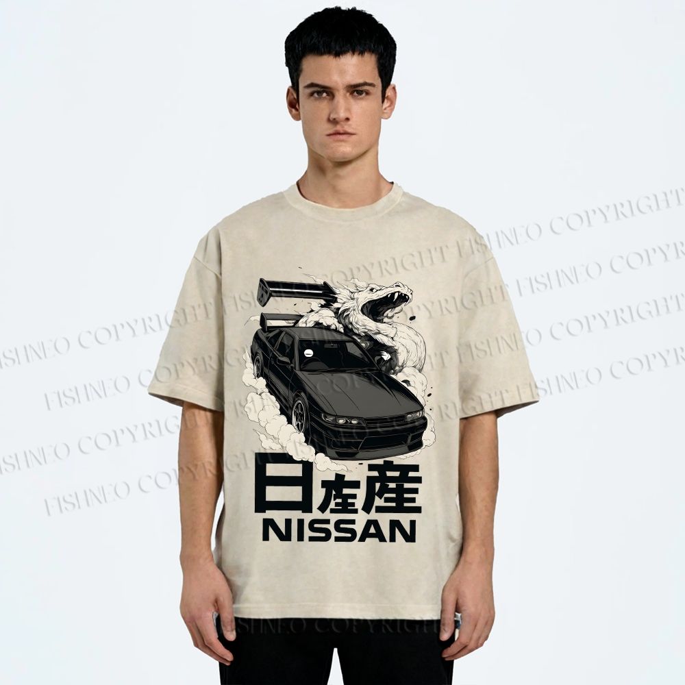 Unisex Nissan And Dragon Printed Washed Tee