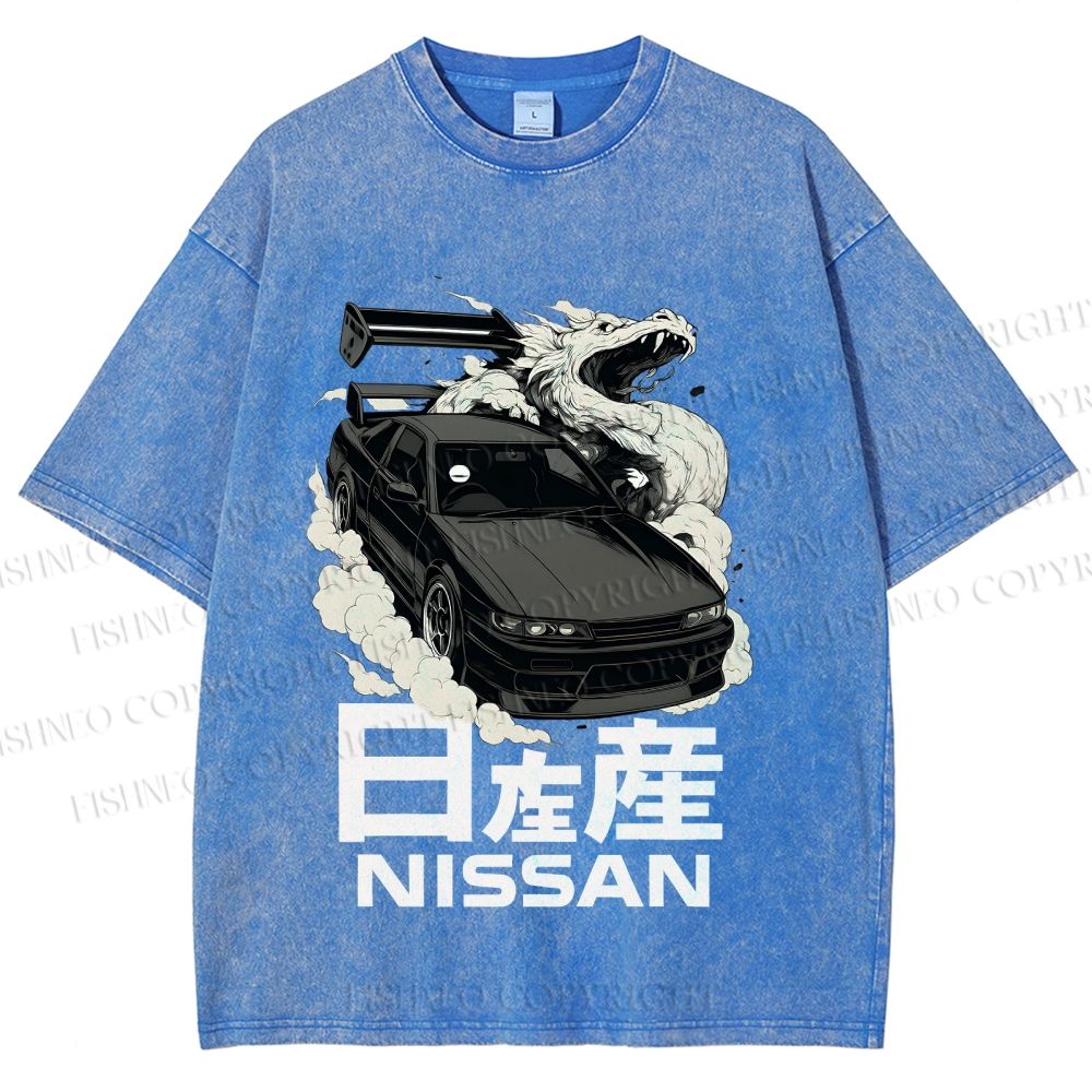 Unisex Nissan And Dragon Printed Washed Tee