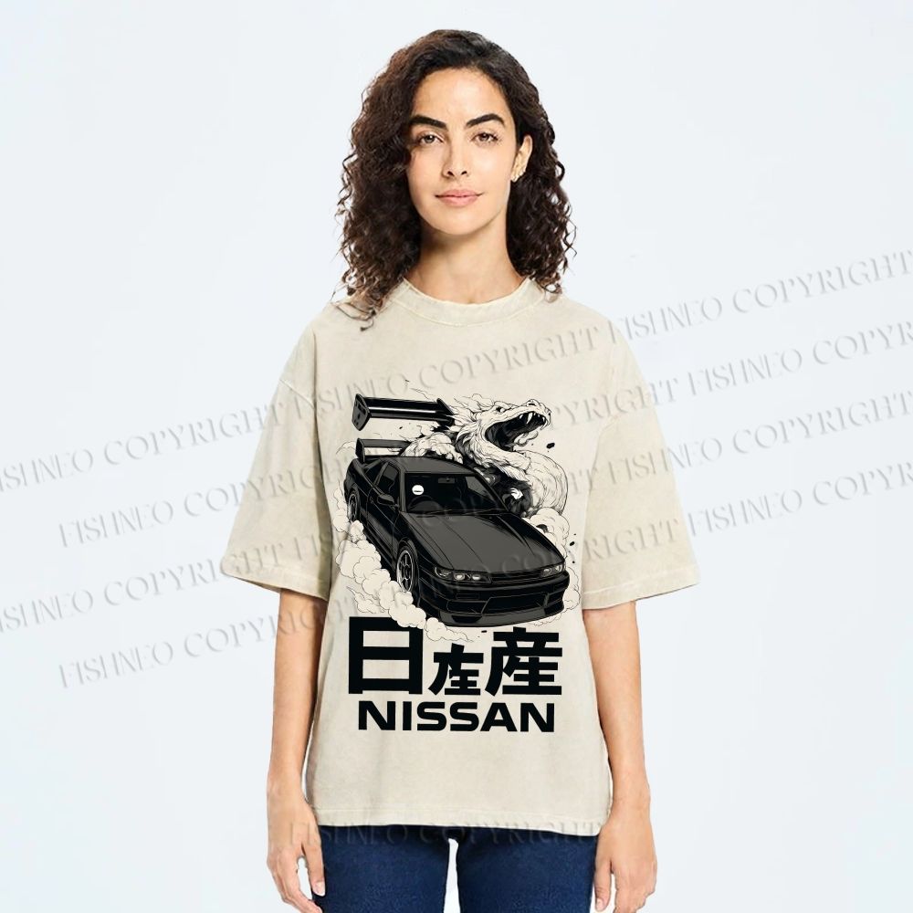 Unisex Nissan And Dragon Printed Washed Tee