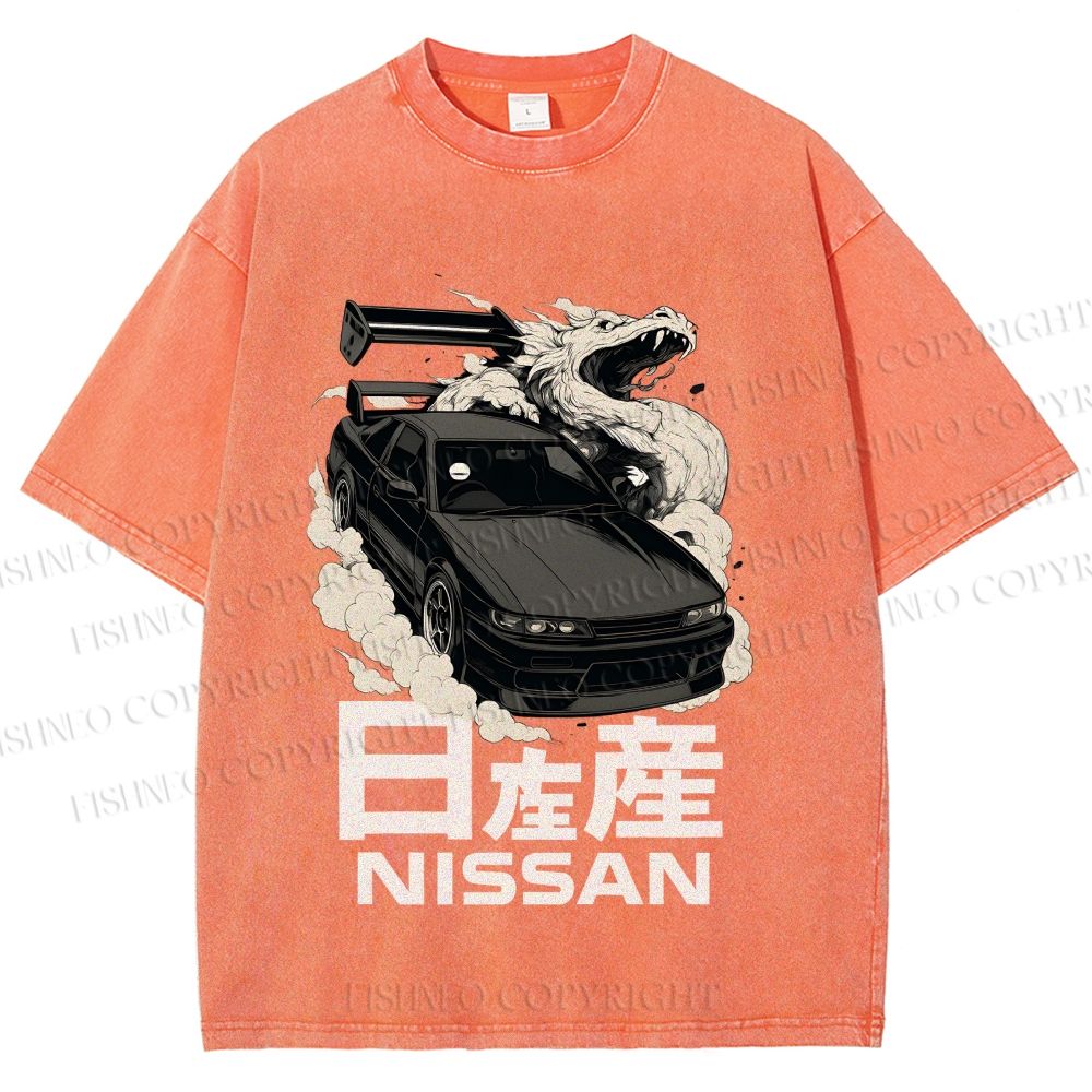 Unisex Nissan And Dragon Printed Washed Tee