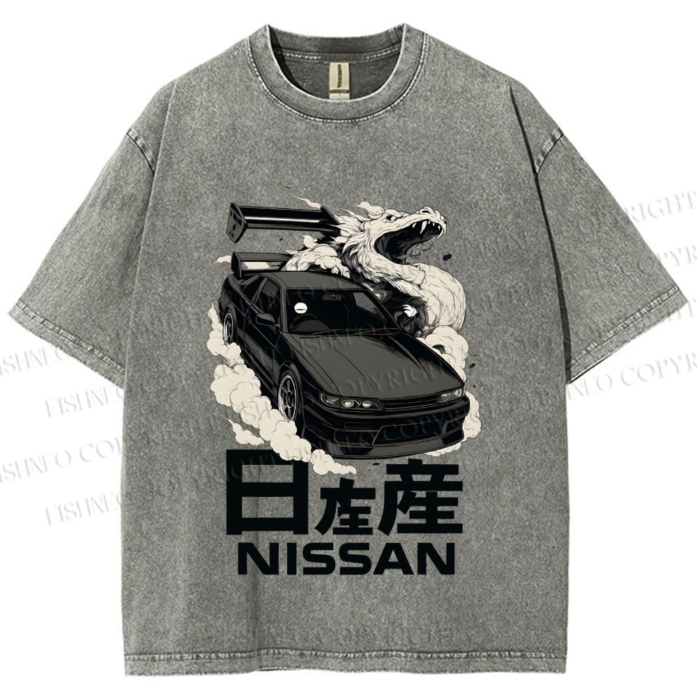 Unisex Nissan And Dragon Printed Washed Tee
