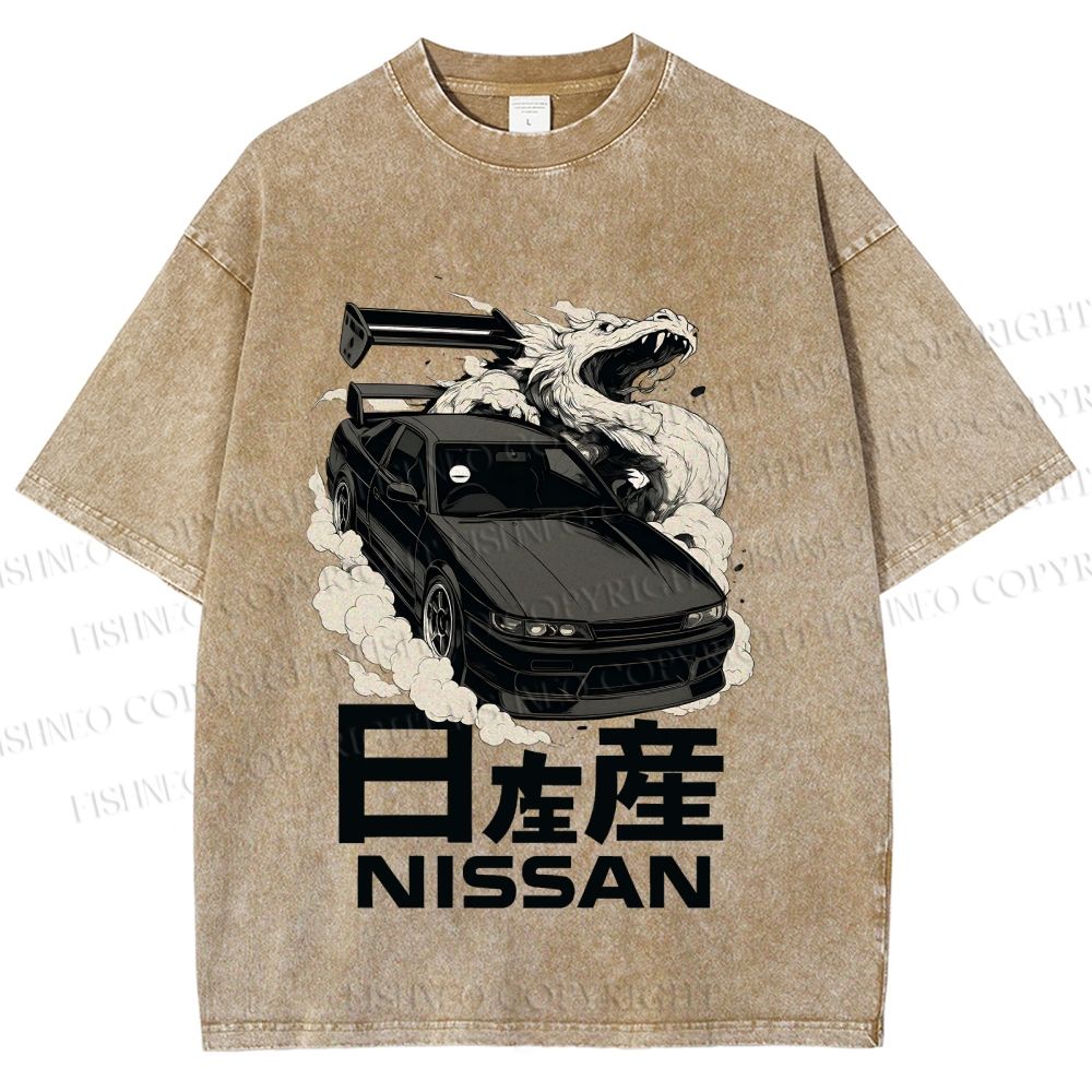 Unisex Nissan And Dragon Printed Washed Tee